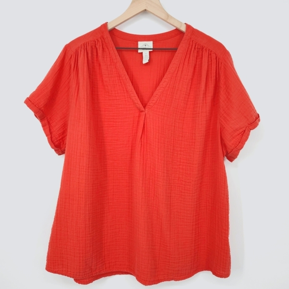 St. Johns Bay Womens Gauzy Top Size 1X Red Orange Cotton Summer Beachy Flowy - Picture 1 of 7